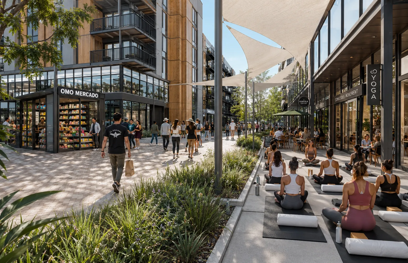 Concept rendering: the shaded walk along Echo, residences and balconies above the storefronts
