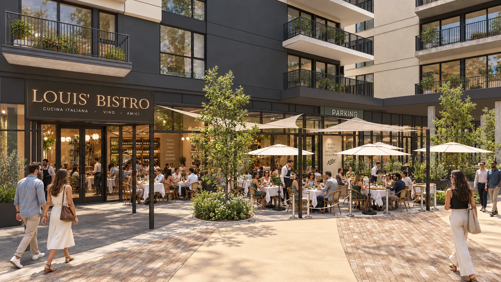 Concept rendering of Suite B3: casual dining with an umbrella patio