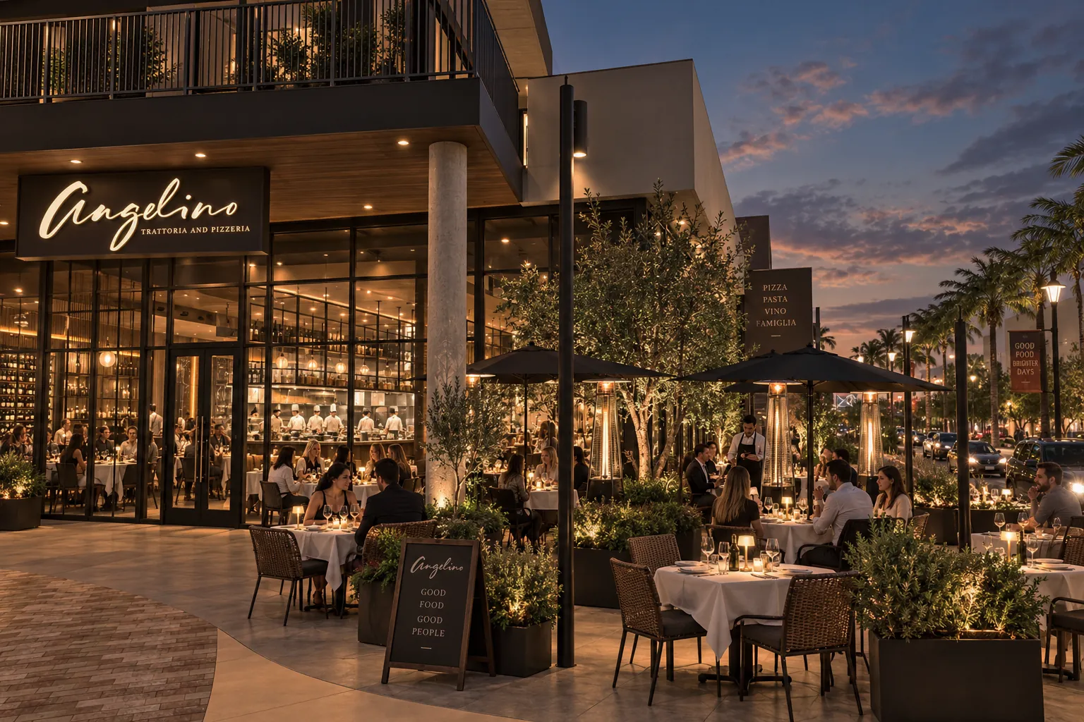 Concept rendering of Suite B4 at dusk, the patio full