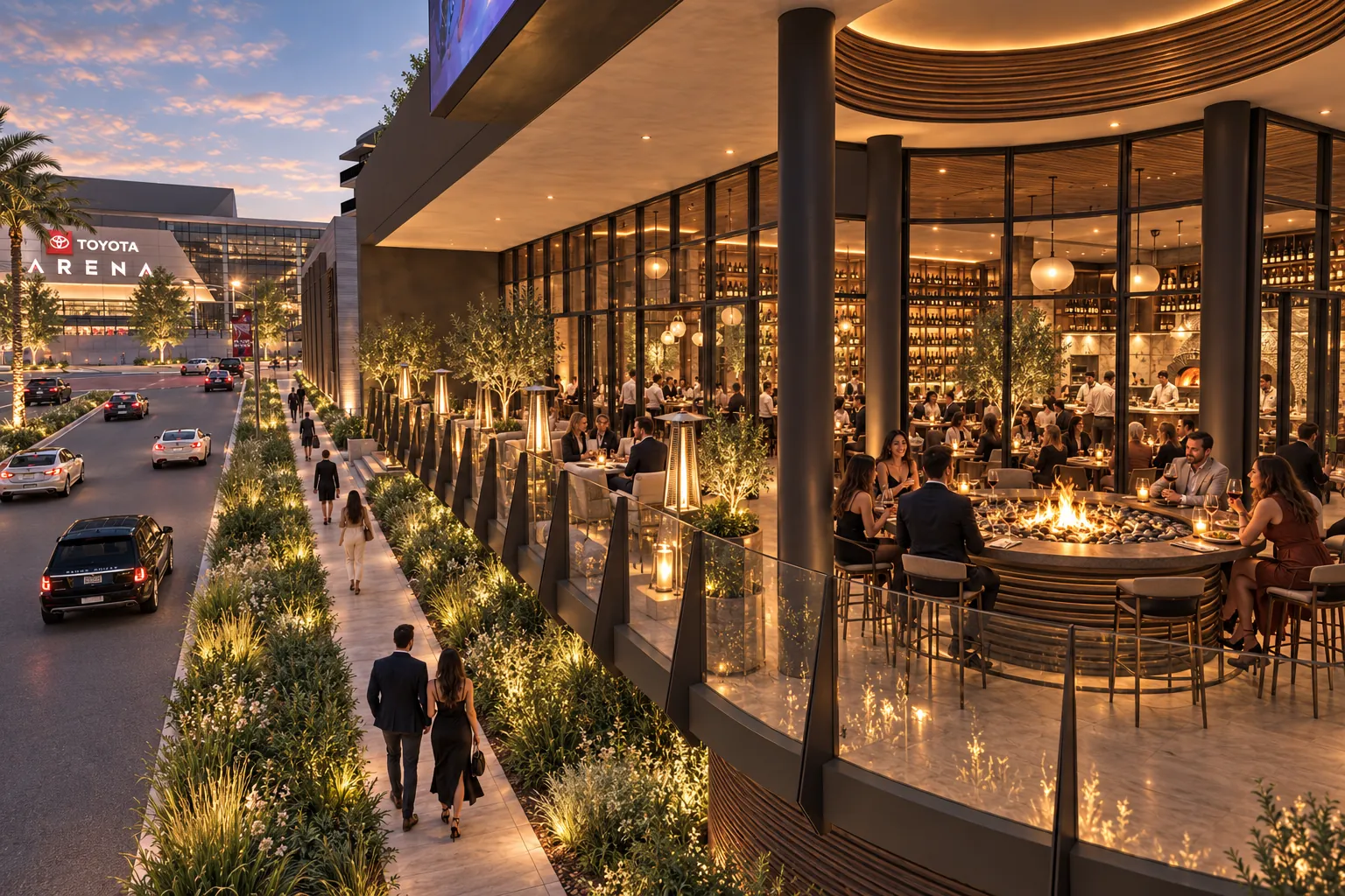 Concept rendering of Suite B6: the corner terrace around a fire table