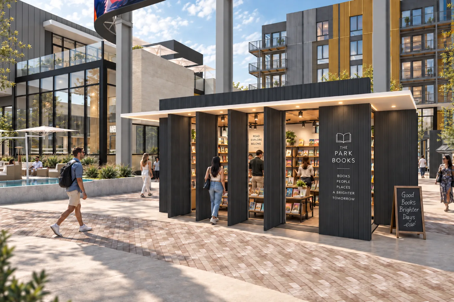 A bookshop kiosk on the Plaza by day, people browsing and walking past, the Phase One buildings behind
