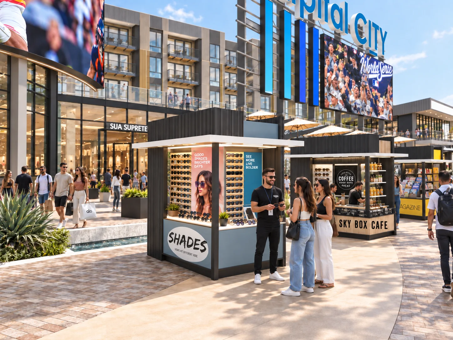 Retail kiosks and shoppers on the Plaza