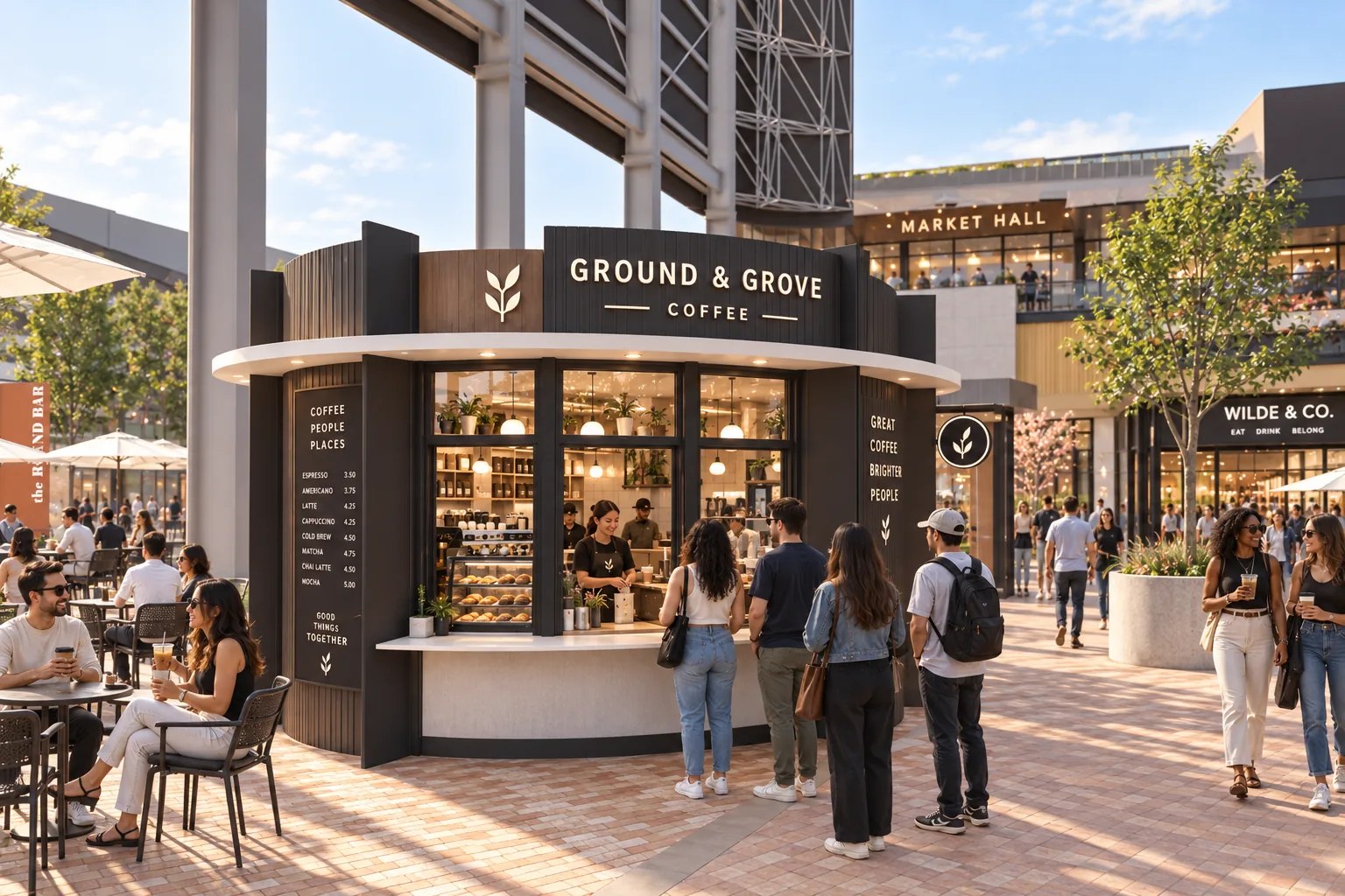 A coffee kiosk on the Plaza floor, patio tables beside it and the Round Bar behind